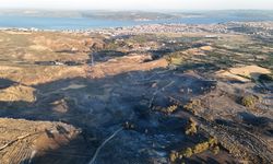 Çanakkale’de 6 buçuk saatte kontrol altına alınan yangındaki yanan alanlar dron ile görüntülendi