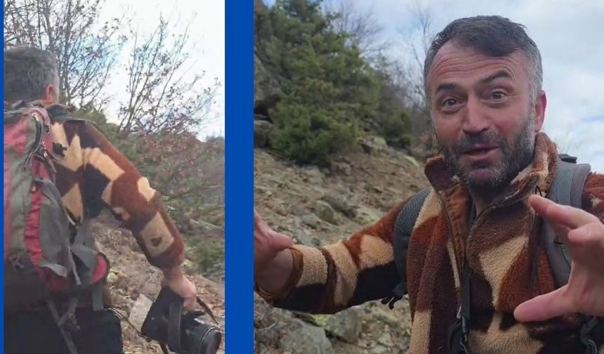 Kuş gözlemi için çıktığı arazide ayı ile karşı karşıya kaldı... Korku dolu anlar kamerada
