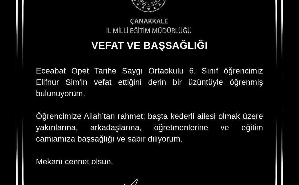 Eceabat’ta acı kayıp: 6. sınıf öğrencisi Elifnur Sim hayatını kaybetti