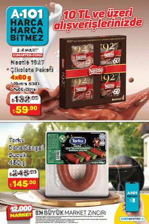 <p>2-8 MART ARASI</p>
<p>NESTLE 1927 ÇİKOLATA PAKETİ 59,90 TL </p>
<p>TORKU DANA KANGAL SUCUK 145 TL</p>