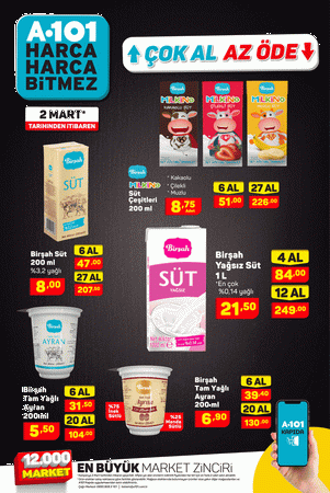 <p>BİRŞAH SÜT 6 AL 47 TL</p>
<p>BİRŞAJ YAĞSIZ SÜT 4 AL 84 TL</p>
<p>BİRŞAH TAM YAĞLI AYRAN 6 AL  31,50 TL</p>