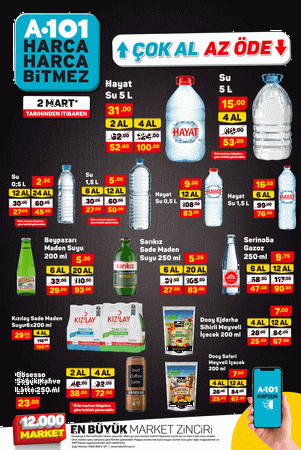 <p>HAYAT SU 2 AL 52 TL</p>
<p>SU 5L 4 AL 53 TL</p>
<p>BEYPAZARI MADEN SUYU 20 AL 93 TL</p>