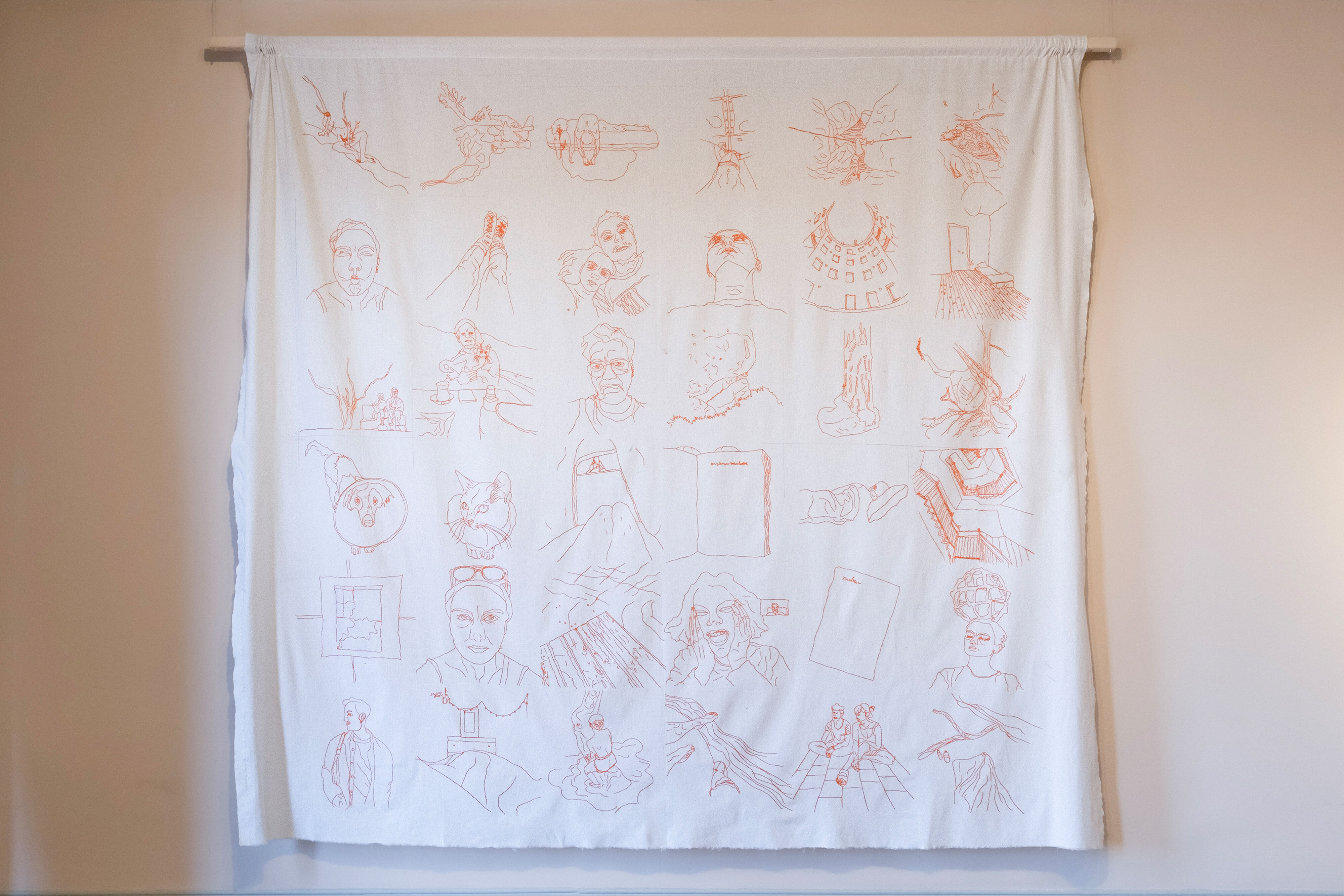 Handan Akyürek, Hatıralar (Ön Yüz), Ham Pamuklu Kumaş Üzerine Punch Nakışı, 210 X 250 Cm, 2025, Eldem Sanat Alanı Sergilemesiyle